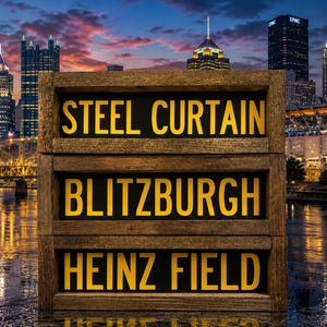 May include: A rectangular wooden sign with three horizontal black panels featuring yellow text. The top panel reads STEEL CURTAIN, the middle panel reads BLITZBURGH, and the bottom panel reads HEINZ FIELD. The sign has a dark, rustic wood frame.
