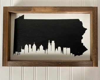 Philadelphia Skyline in Pennsylvania Wooden Sign - Man Cave - Wedding gift - Philly Philly - Wood Sign