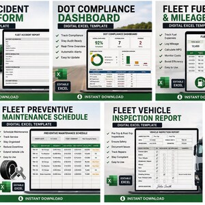 Puede incluir: Una colección de cinco plantillas digitales de Excel para la gestión de flotas, que incluyen un informe de accidentes, un panel de cumplimiento DOT, registro de combustible, calendario de mantenimiento e informe de inspección.