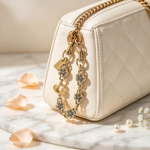 May include: A cream-colored quilted handbag featuring a gold-tone chain strap with decorative flower charms and a letter C charm. The bag has a structured rectangular shape with a top zipper closure and a small rectangular tag attached to the chain.