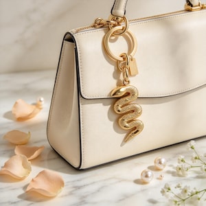 May include: A cream-coloured leather handbag featuring a gold-toned metal snake charm attached to the handle ring. The snake charm has a textured, scale-like surface and is suspended from a circular gold ring with a small rectangular tag.