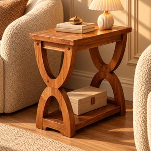 May include: A rectangular wooden side table with a warm brown finish, featuring two U-shaped legs that create an open frame design. The table has a flat top surface and a lower shelf, with a small lamp and two stacked books placed on top.