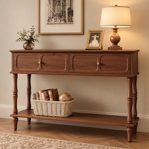 May include: A rectangular wooden console table with two drawers featuring small gold knobs, supported by four turned legs. The table includes a lower shelf holding a woven basket filled with books and a decorative sphere, with a lamp on top.