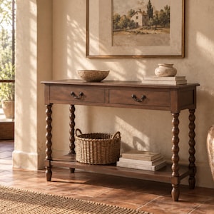 May include: A rectangular wooden console table featuring two drawers with dark metal pulls, supported by four turned spindle legs. The table includes a lower shelf holding a woven wicker basket and a stack of books, with a bowl and books on top.