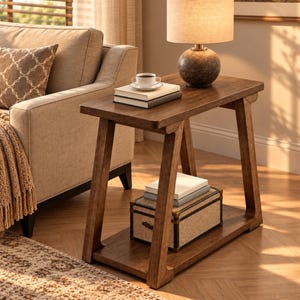 May include: A rectangular wooden side table with an A-frame base and a lower shelf. The tabletop holds a round lamp with a beige fabric shade and two stacked books with a white teacup. A rectangular storage box sits on the lower shelf.