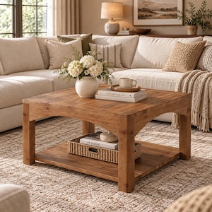 May include: A square wooden coffee table with a natural brown finish, featuring four sturdy legs, an arched apron design, and a lower shelf. The table surface holds a white ceramic vase with white flowers and a stack of two books with a small mug.