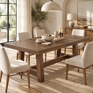May include: A rectangular dark brown wooden dining table with thick legs and a horizontal support beam, surrounded by four upholstered beige chairs. The table surface holds a large white bowl, stacked plates, and two tall candles on a tray.