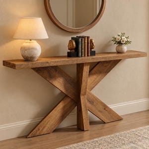 May include: A long wooden console table with an X-shaped base, featuring a light brown wood grain finish. On top sits a round table lamp with a beige shade, a set of three books held by two gold-toned head-shaped bookends, and a small vase of white flowers.