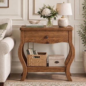 May include: A wooden side table with a single drawer, curved legs, and a lower shelf. The table holds a glass vase with white flowers, a lamp with a beige shade, and two books. A woven basket and a rectangular box sit on the lower shelf.