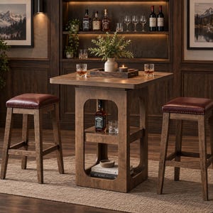 May include: A square wooden pub table with a central storage shelf and two matching bar stools featuring dark red upholstered seats with nailhead trim. The table holds a wooden tray with a plant, a candle, and two glasses of amber liquid.