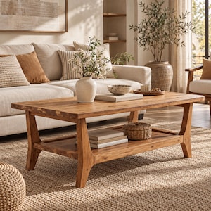 May include: A rectangular wooden coffee table with a lower shelf, featuring angled legs and a natural wood grain finish. The table surface holds a white ceramic vase with branches, a shallow stone bowl, and a small wooden tray with beads.