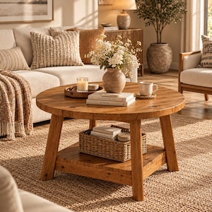 May include: A round wooden coffee table with a lower shelf featuring a natural grain finish. The table holds a ceramic vase with white flowers, a candle in a glass jar on a wooden tray, two stacked books, and a mug. A woven basket sits below.