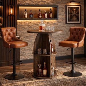 May include: A round wooden bar table with integrated shelving containing glass bottles and tumblers, flanked by two brown tufted leather bar stools with black metal pedestals, circular bases, and footrests in a home bar setting.