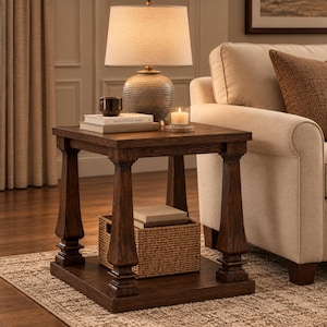 May include: A square dark brown wooden end table with four thick, tapered legs and a lower storage shelf. The table surface holds a lamp with a beige shade, a dark ceramic bowl, a book titled The KINFOLK Home, and a small glass candle.
