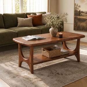 May include: A rectangular wooden coffee table with rounded edges and a lower shelf. The table features arched side supports, a light brown wood grain finish, an open book on the top surface, a woven basket, and a stack of books on the lower shelf.