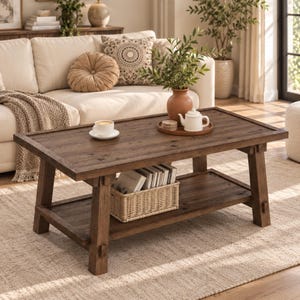 May include: A rectangular dark brown wooden coffee table with a lower shelf featuring a woven wicker basket filled with books. On the tabletop sits a white ceramic teapot on a wooden tray, a white coffee cup on a saucer, and a small green plant.