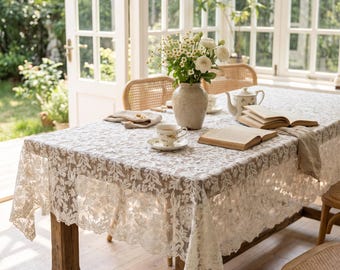 White Floral Lace Tablecloth, French Country Embroidered Table Cover, Wedding Decor Overlay