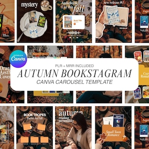 Puede incluir: Un conjunto de plantillas de carrusel de Canva titulado Autumn Bookstagram que presenta varios diseños con portadas de libros, imágenes de temática otoñal y superposiciones de texto que incluyen PLR + MRR INCLUDED.