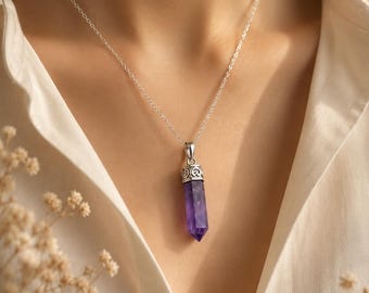 Natural Amethyst Crystal Pendant Necklace, Sterling Silver Filigree Cap, Boho Healing Gemstone Jewelry