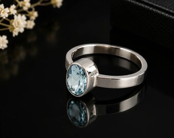 May include: A silver-toned metal ring featuring a single oval-cut light blue gemstone set in a smooth bezel setting. The band is polished and has a flat, uniform width, showcasing a reflective surface and a clear, faceted blue stone.