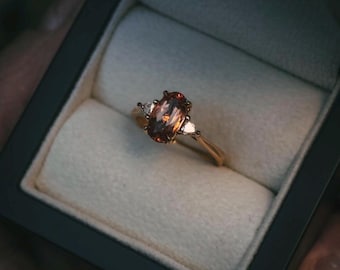 Oval Imperial Topaz Three Stone Ring, 925 Sterling Silver, Yellow Gold Rhodium