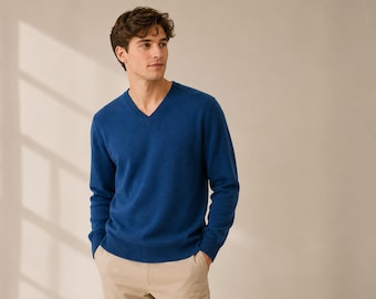 Men's Cashmere V-Neck Sweater, Blue Knit Pullover, Made in Nepal, Gift for Him