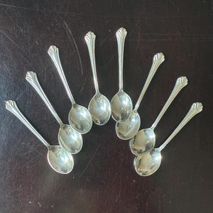 May include: A set of eight silver-toned metal spoons arranged in a fan pattern. Each spoon features a smooth, oval-shaped bowl and a slender handle that terminates in a decorative, fan-shaped motif with vertical ridges at the very tip.