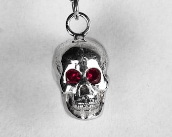 Solid Silver Skull Necklace: Ruby, Sapphire, Emerald Gemstone Eyes, Gothic Biker Pirate Jewellery. Recycled 925 sterling