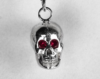 Solid Silver Skull necklace, ruby, emerald, sapphire, recycled silver, birthstone, gem eyes, British made, pirate necklace handmade