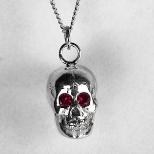 Solid Silver Skull Necklace: Ruby, Sapphire, Emerald Gemstone Eyes, Gothic Biker Pirate Jewellery. Recycled 925 sterling