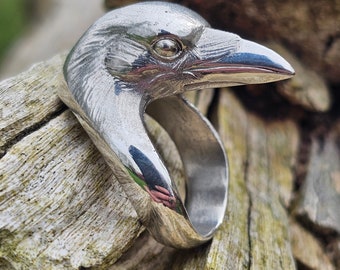 May include: A silver ring shaped like a crow's head. The ring is detailed with a textured surface and a realistic eye.