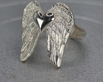 Sterling Silver Winged Heart Ring: Chunky Angel Feather Statement Ring