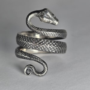 May include: A silver snake ring with a textured, scale-like pattern. The snake's head is raised, and the body coils around, creating a spiral design. The ring is made of a metallic material and has a detailed, realistic appearance.
