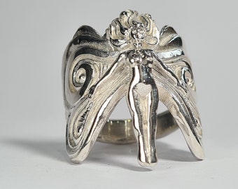 Bague Pur Acier Inoxydable Chirurgical Argenté Fantasy Fée Papillon