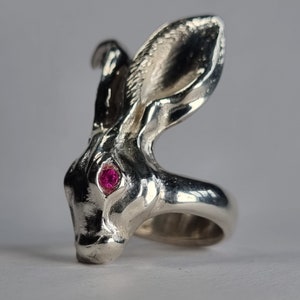 Ruby Eyed Hare Ring: Handmande in London from recycled sterling silver and lab grown rubies