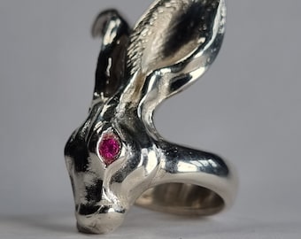 Ruby Eyed Hare Silver Ring Handmande Recycled Silver Ruby