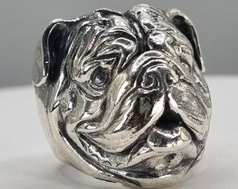 English Bulldog ring massive chunky dog ring huge ring silver made in London