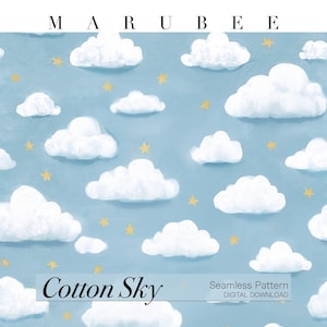 May include: A seamless digital pattern featuring white fluffy clouds and small yellow stars on a light blue background. The text MARUBEE appears at the top, and the text Cotton Sky Seamless Pattern DIGITAL DOWNLOAD is at the bottom.