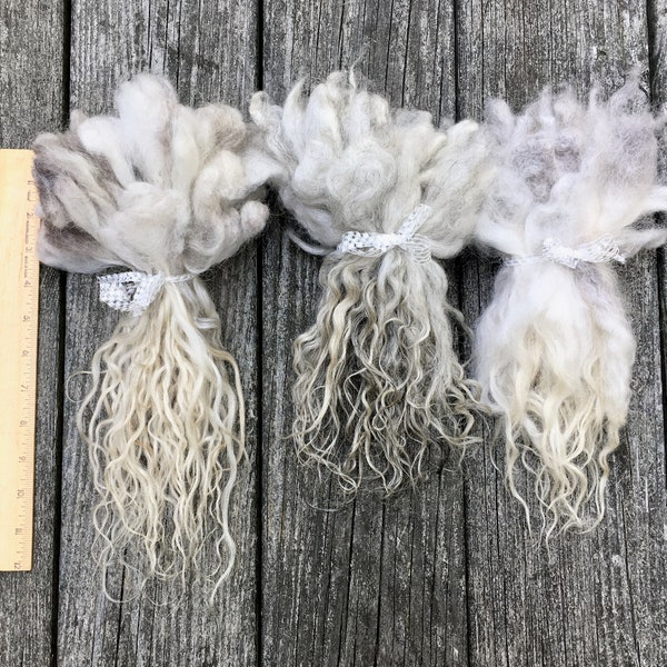 Icelandic Locks, Washed, Natural, Undyed, Extra Long, Tailspinning, Spin, Felt, Doll Hair, Fleece, Wool, 1 Ounce, White, Gray, Variations