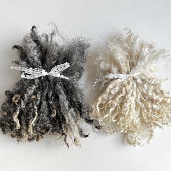 Kid Mohair, Locks, Undyed, Washed, KID, 1 ounce, White, Mixed Gray, Doll Hair, Reroot,  Tailspinning,  Spin, Felt, Fleece
