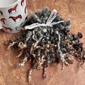 May include: A clump of black and blonde curly wool with a white lace bow on top.