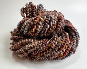 Handspun Yarn, Art Yarn, Bulky, Thick and Thin, 2 Ply, Coil Ply, Corespun, Textured, Wool, Denim and Leather