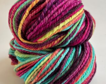 Handspun Yarn, Art Yarn, 3 Ply,  Navajo Ply, Wool, Merino, Knit, Felt, Weave, Crochet,  Striping, Bright Stripes