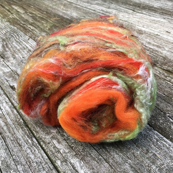 Fiber Art Batt, Textured, Hand Dyed, Chunky, Mohair, Silk, Bamboo, Wool, Fleece, Spin, Felt, Fall Colors