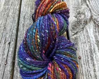 Handspun Yarn, Art Yarn, 3 Ply,  Navajo Ply, Wool, Textured, Bulky, Chunky, Striping, Jewel Tones, Night Sky