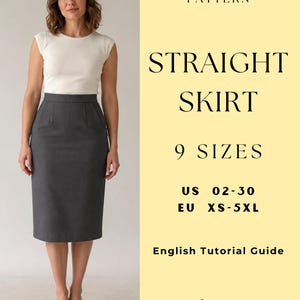 Pode incluir: Um molde de costura digital em PDF para uma saia reta, com o texto: PDF DIGITAL SEWING PATTERN, STRAIGHT SKIRT, 9 SIZES, US 02-30, EU XS-5XL, English Tutorial Guide e SewlyPatterns STUDIO. A saia é de cor cinza escuro.
