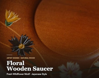 Hand-Carved Wooden Saucer | Japanese Floral Tea Plate (4.7 in)