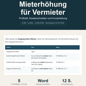 Könnte beinhalten: Ein digitales Dokument mit dem Titel Mieterhöhung für Vermieter, das eine Tabelle zu rechtlichen Schritten für Mieterhöhungen nach § 558 BGB enthält. Es umfasst 5 Excel-Prüfblätter, Word-Musterschreiben und eine 12-seitige Kurzanleitung von Formularfuchs.