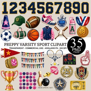 Preppy Varsity Sport Numbers PNG — Athletic Clipart Bundle