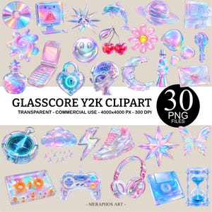 May include: A collection of 30 iridescent, glass-like digital clipart elements featuring Y2K-inspired icons such as a flip phone, cassette tape, game controller, headphones, floppy disk, hourglass, compass, butterfly, and various celestial shapes.